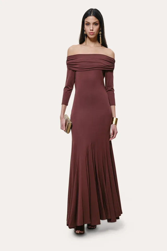 Elie Tahari Olympia sukienka maxi Port Wine odkryte ramiona