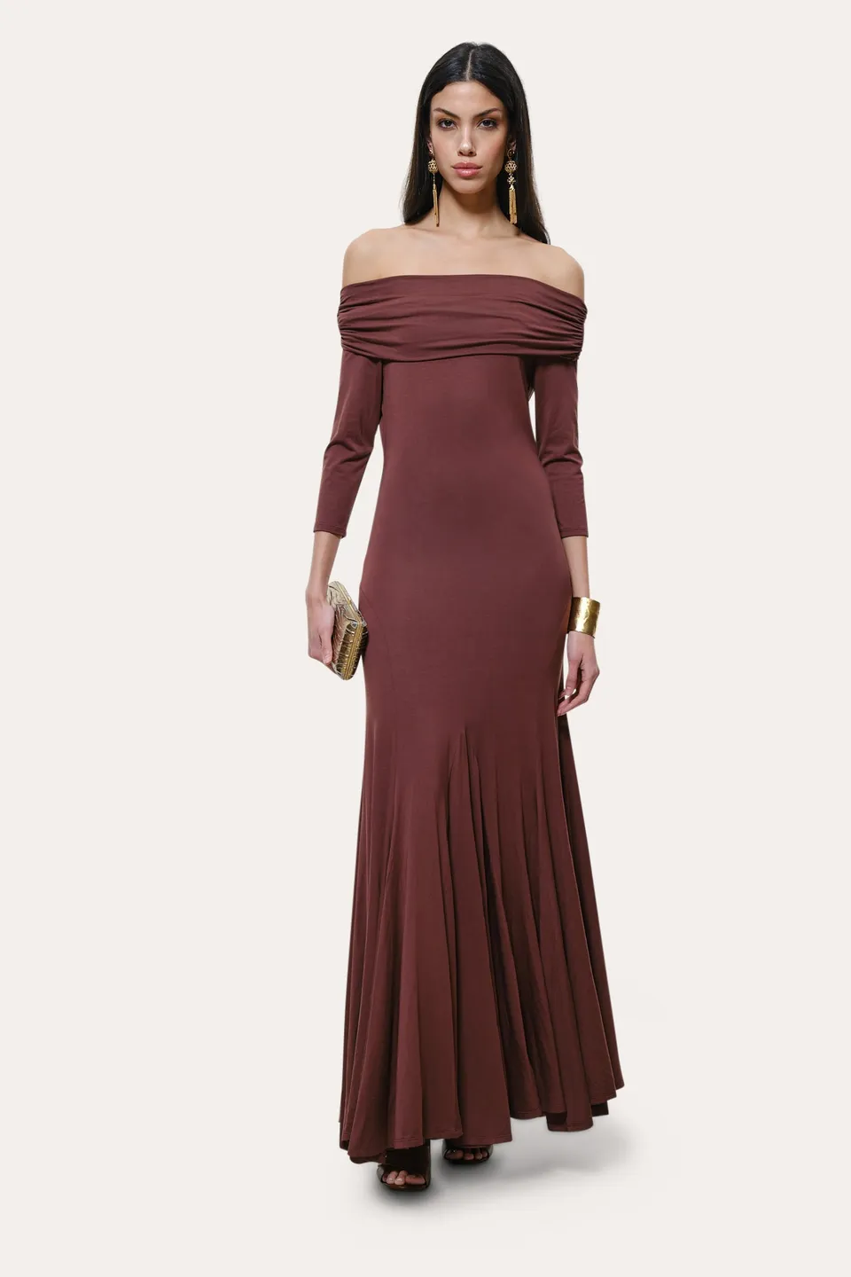 Elie Tahari Olympia sukienka maxi Port Wine odkryte ramiona