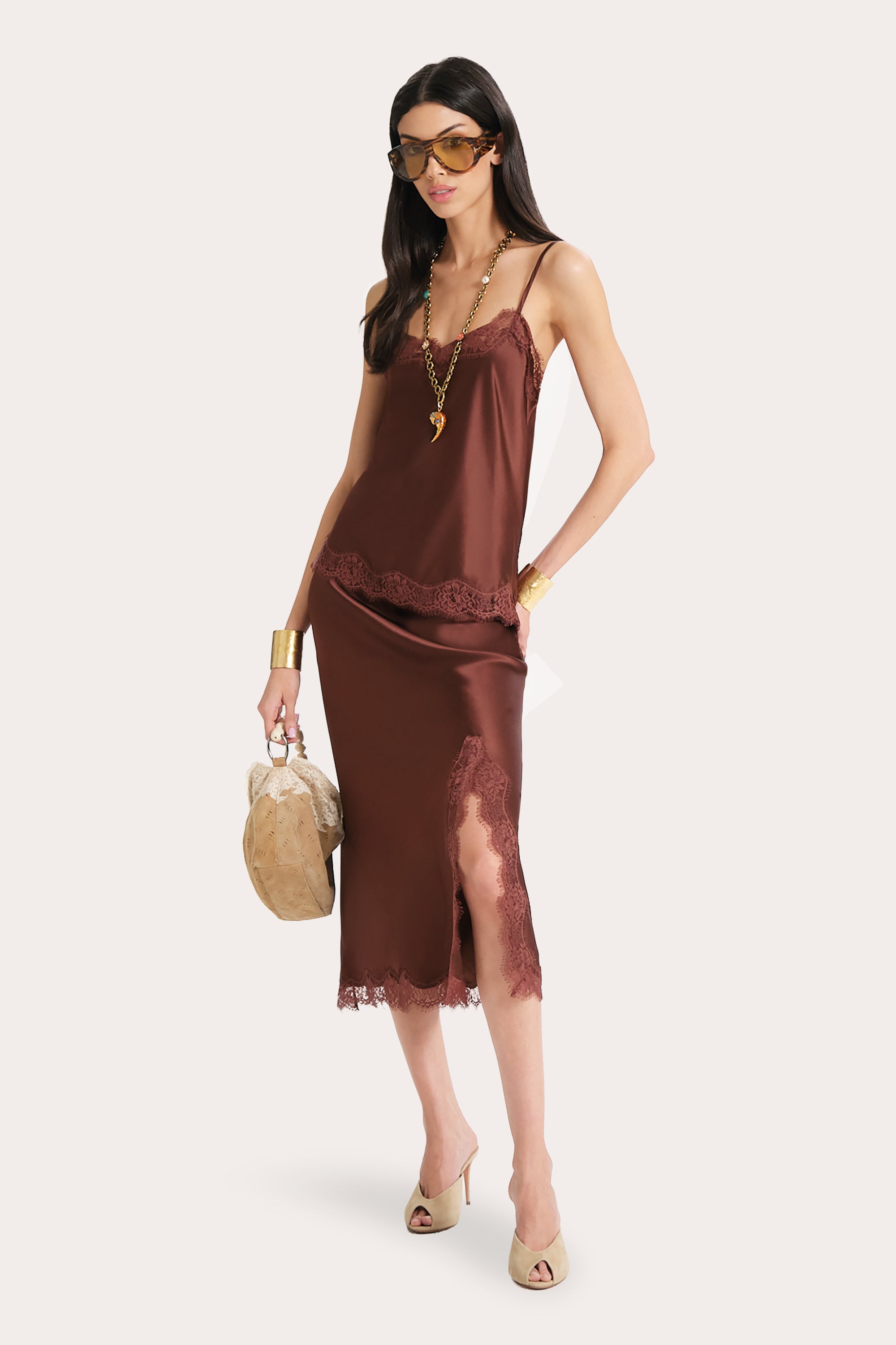 Elie Tahari Brooke spódnica jedwabna Bitter Chocolate midi