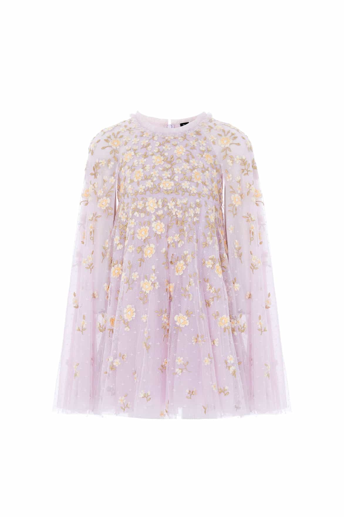 Needle & Thread Lea Ditsy Cape Kids Dress sukienka fioletowa haft