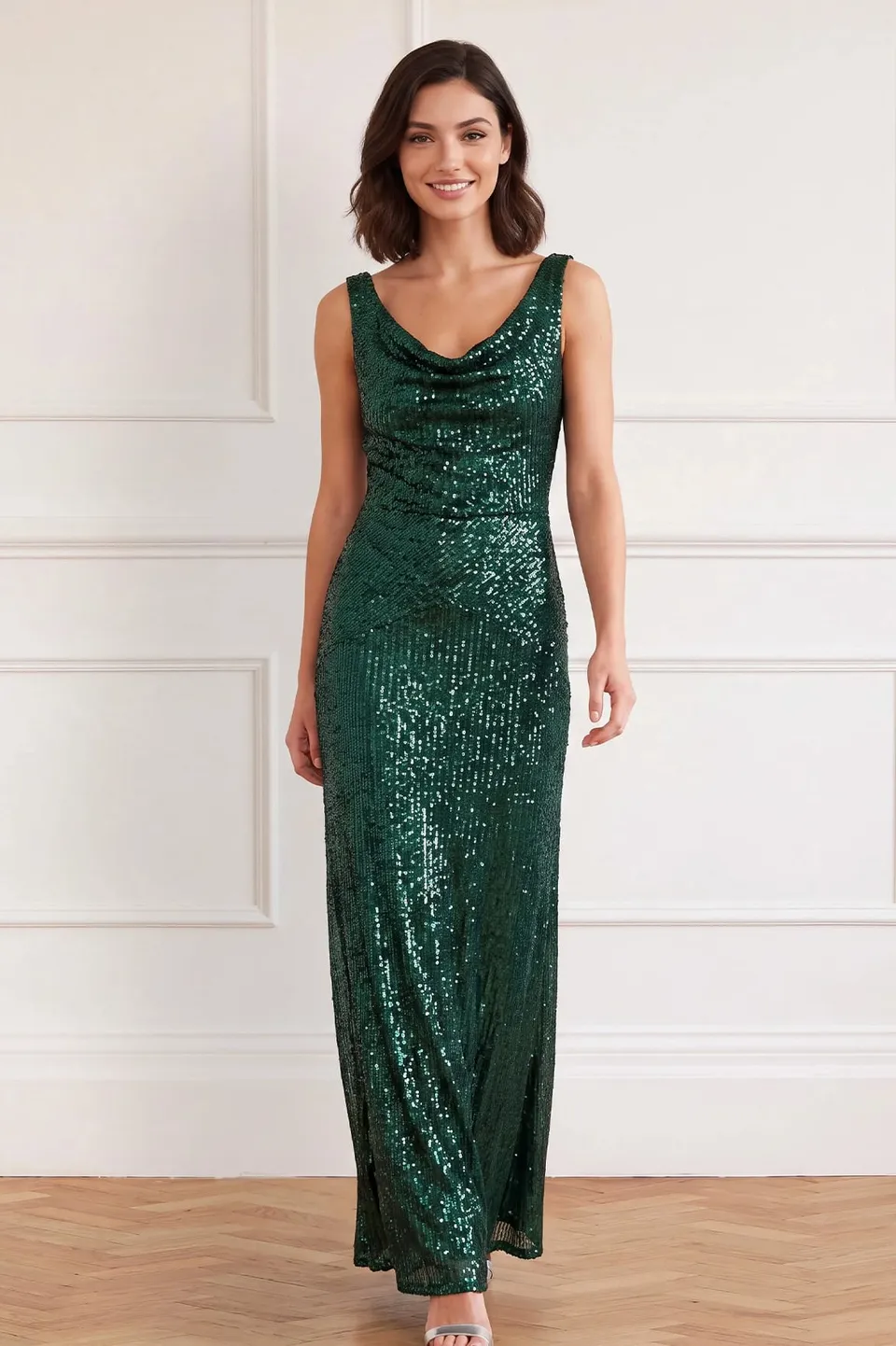 Needle & Thread Evangeline Sequin Cowl Neck Gown suknia zielona
