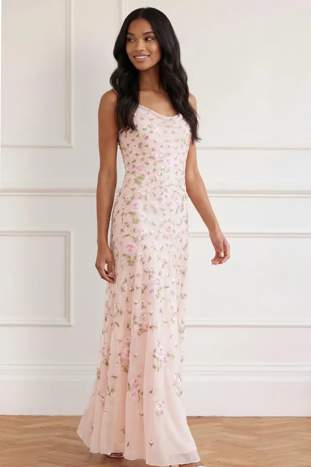 Needle & Thread Rose Bloom Georgette suknia Pink haftowana