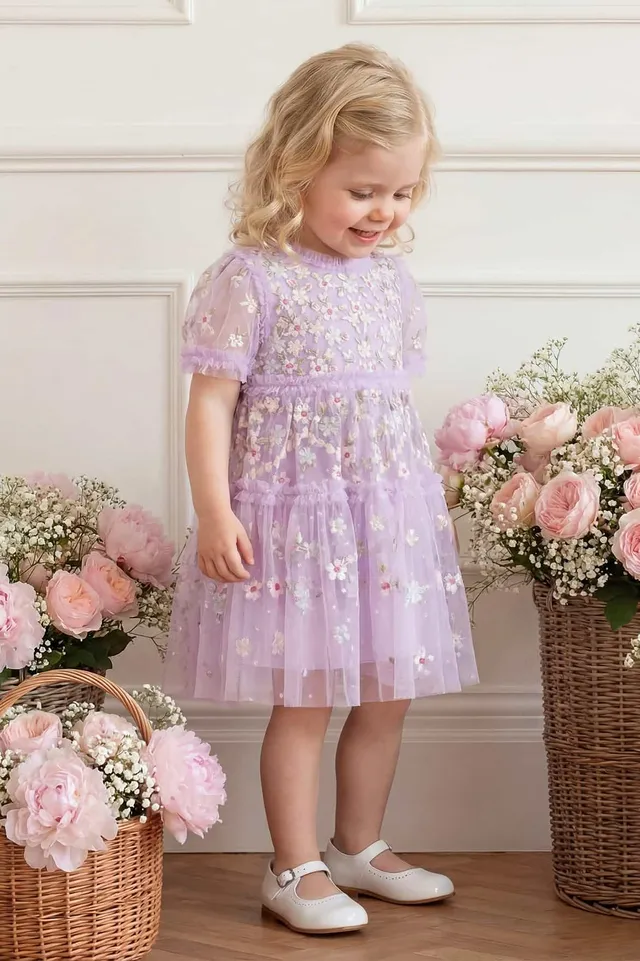 Needle & Thread Garland Ribbon Baby Dress sukienka liliowa z haftem