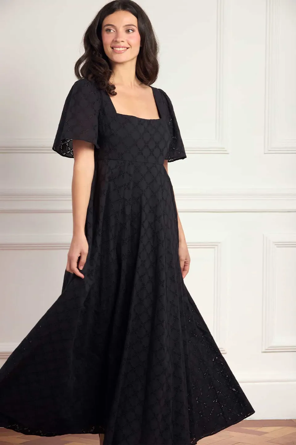 Needle & Thread Marisol Cotton Broderie Short Sleeve sukienka czarna