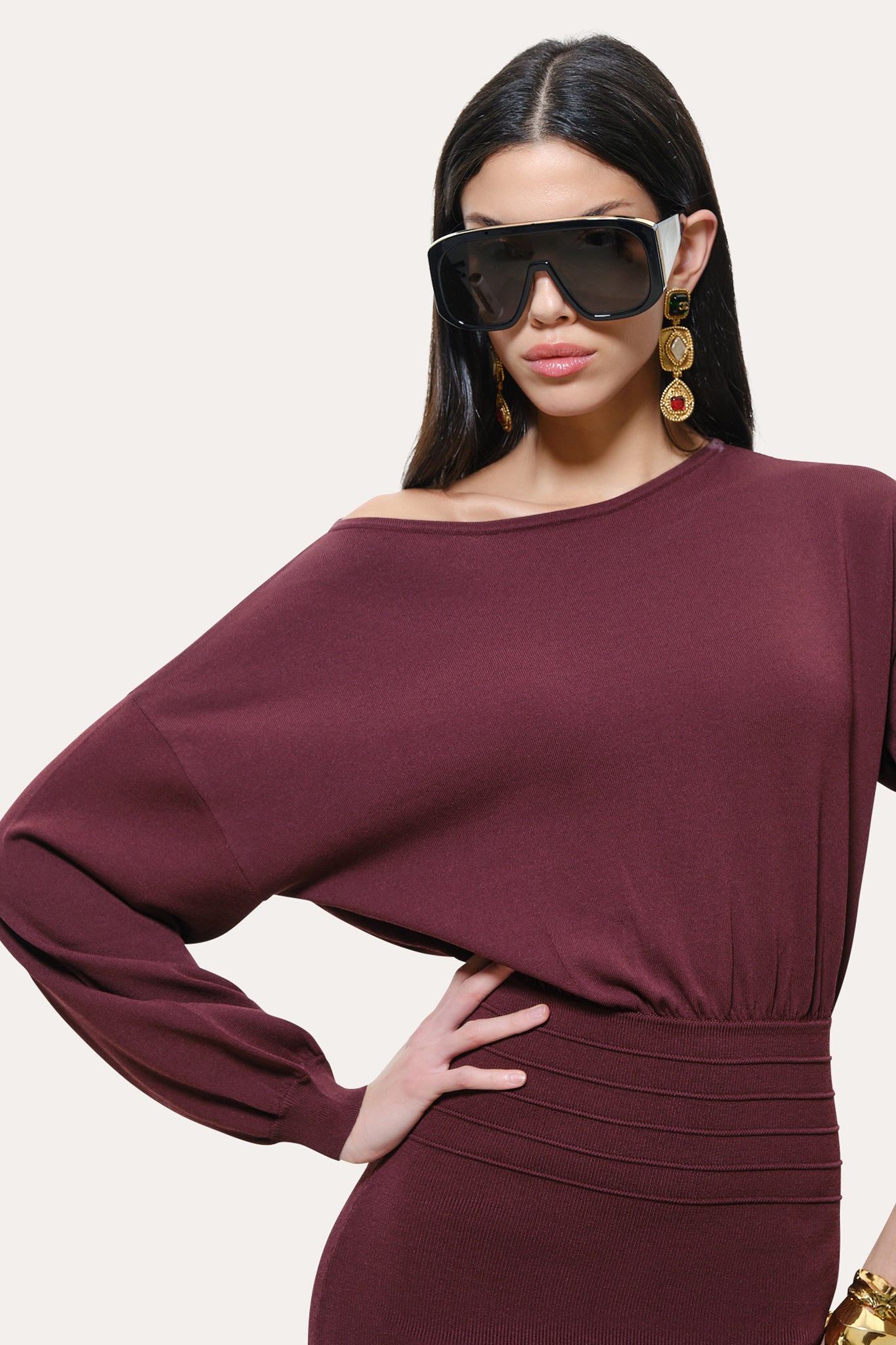 Elie Tahari Milano Yara sukienka midi bordowa dzianinowa