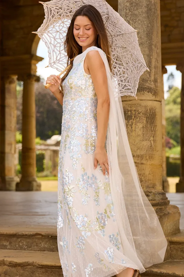 Needle & Thread Wisteria Sequin Ankle Gown suknia biała cekinowa