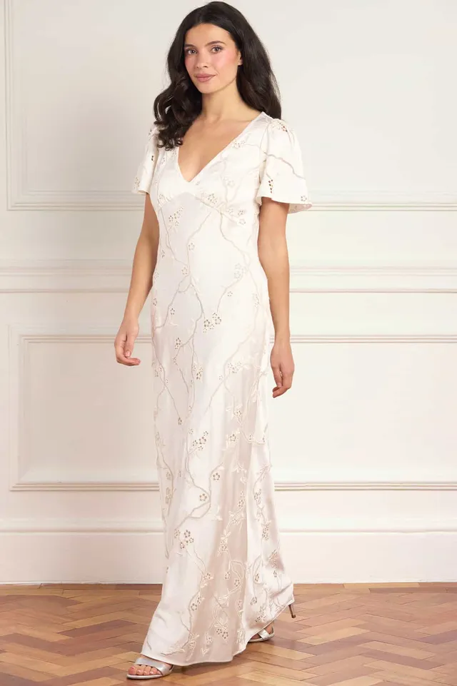 Needle & Thread Cherry Blossom Satin Short Sleeve Gown sukienka kremowa