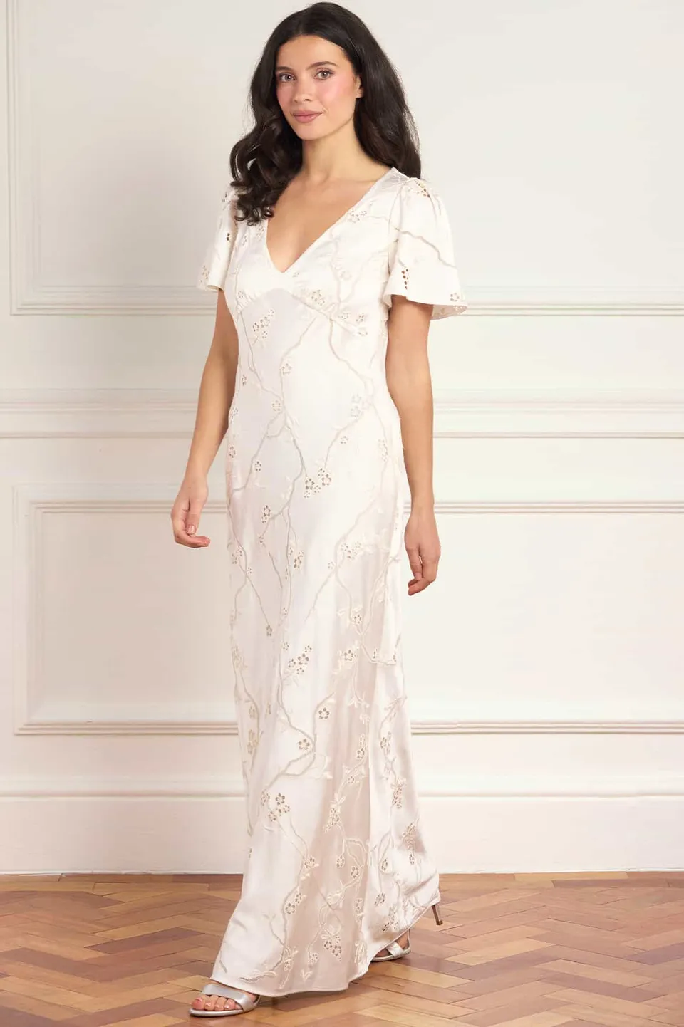 Needle & Thread Cherry Blossom Satin Short Sleeve Gown sukienka kremowa