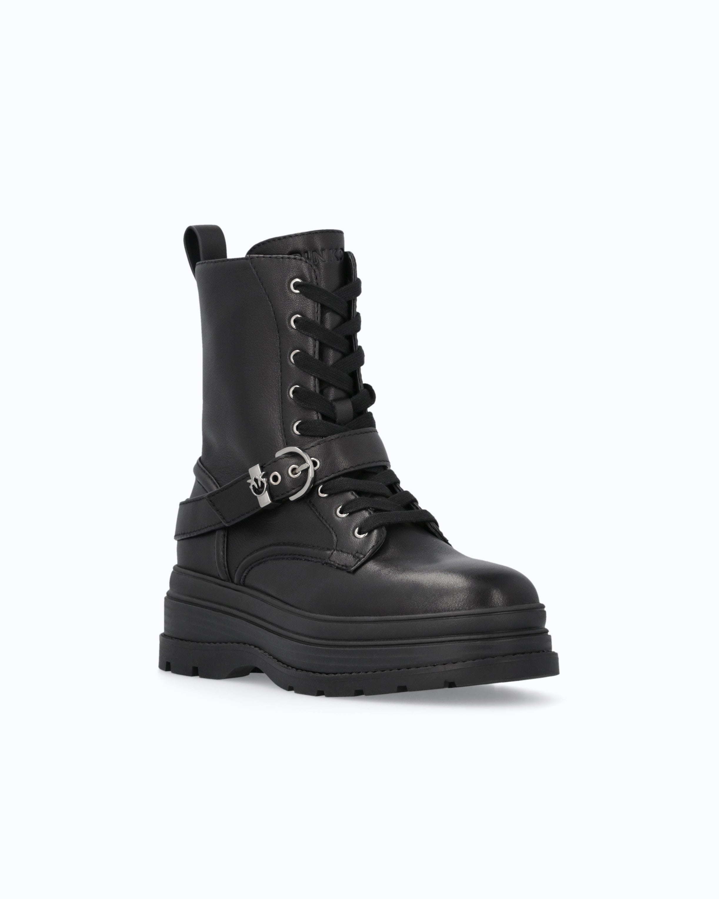 Pinko EVA 04 botki militarne czarne skórzane