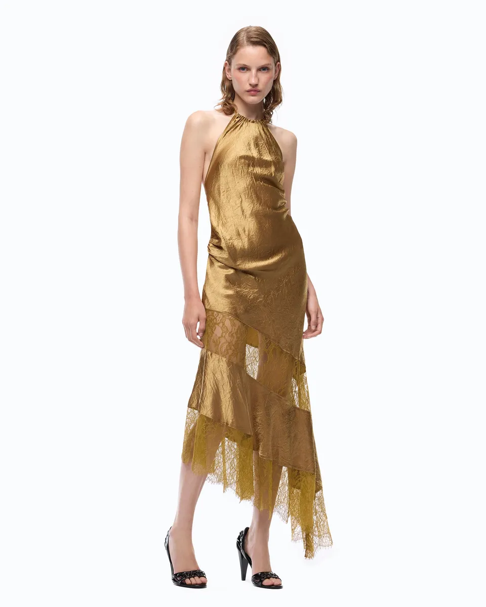 Pinko Forester Dress sukienka midi żółta satyna