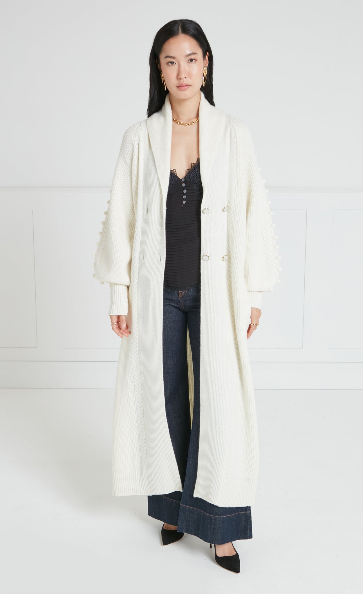 Temperley London Chrissie płaszcz dzianinowy kremowy wełna