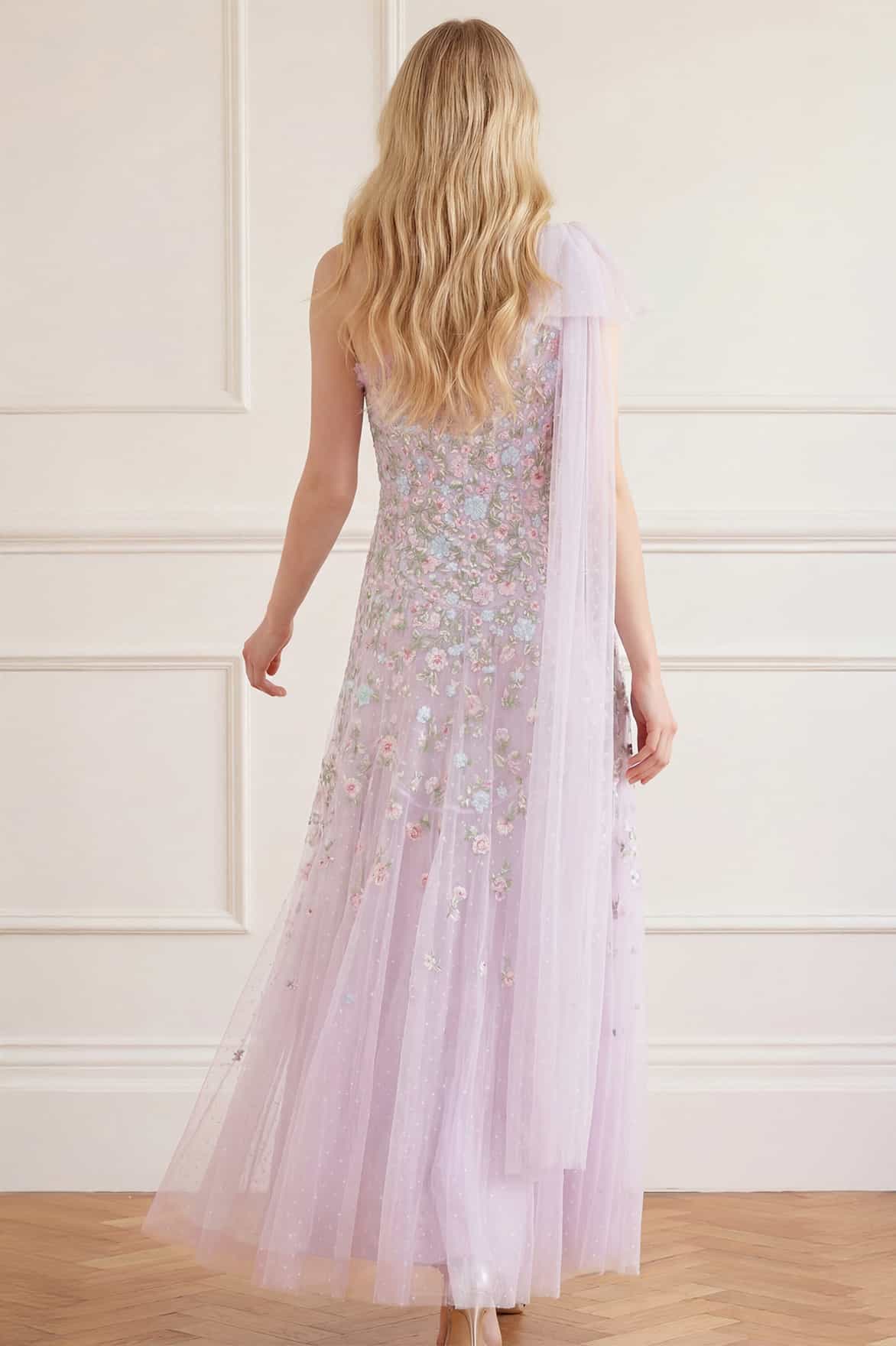 Needle & Thread Sylvia Rose One-Shoulder Bow Ankle Gown sukienka fioletowa haftowana