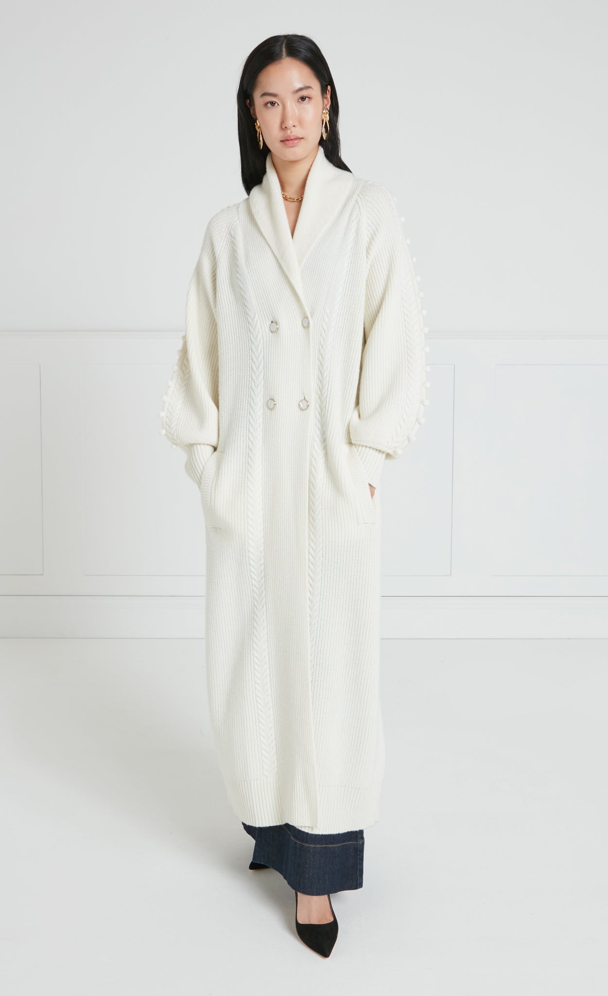 Temperley London Chrissie płaszcz dzianinowy kremowy wełna