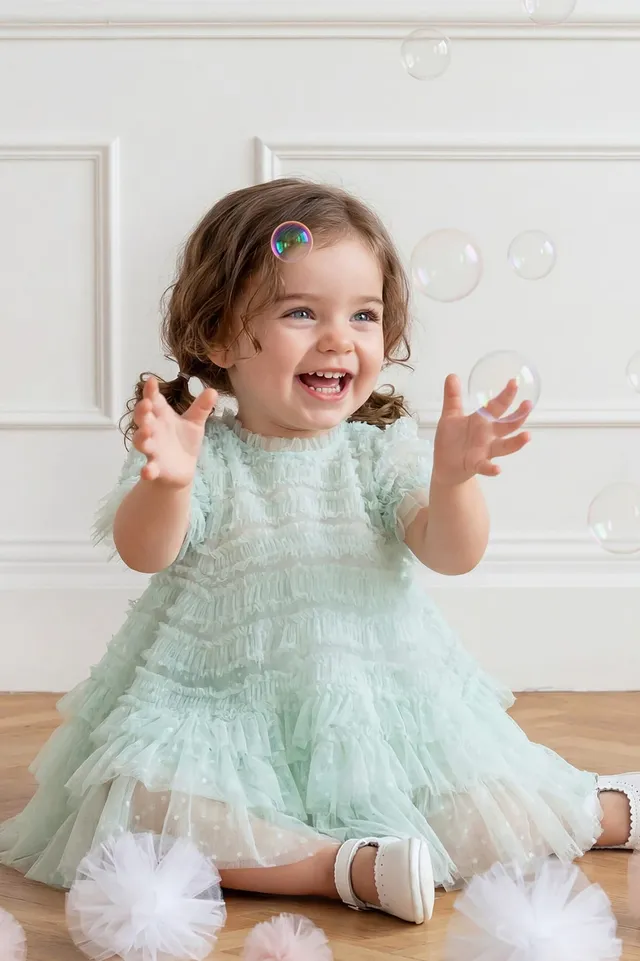 Needle & Thread Valentine Ruffle Baby sukienka zielona tiulowa