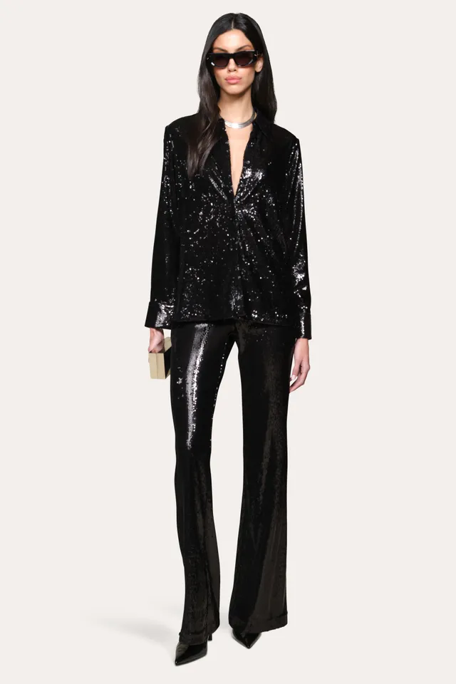 Elie Tahari Sequined Button Down koszula Black cekiny