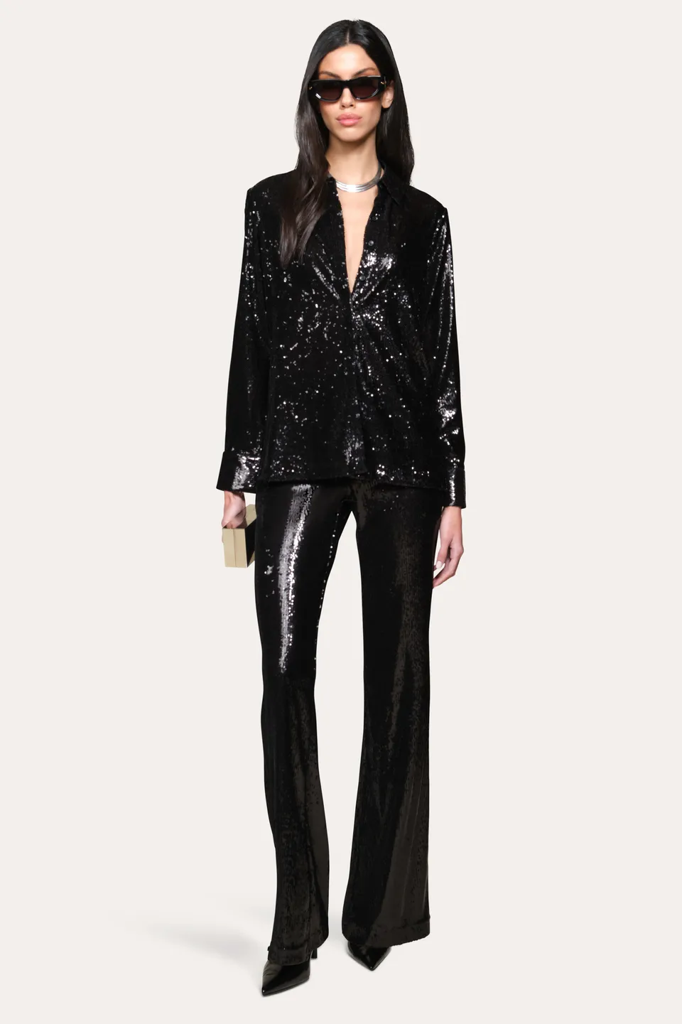Elie Tahari Sequined Button Down koszula Black cekiny