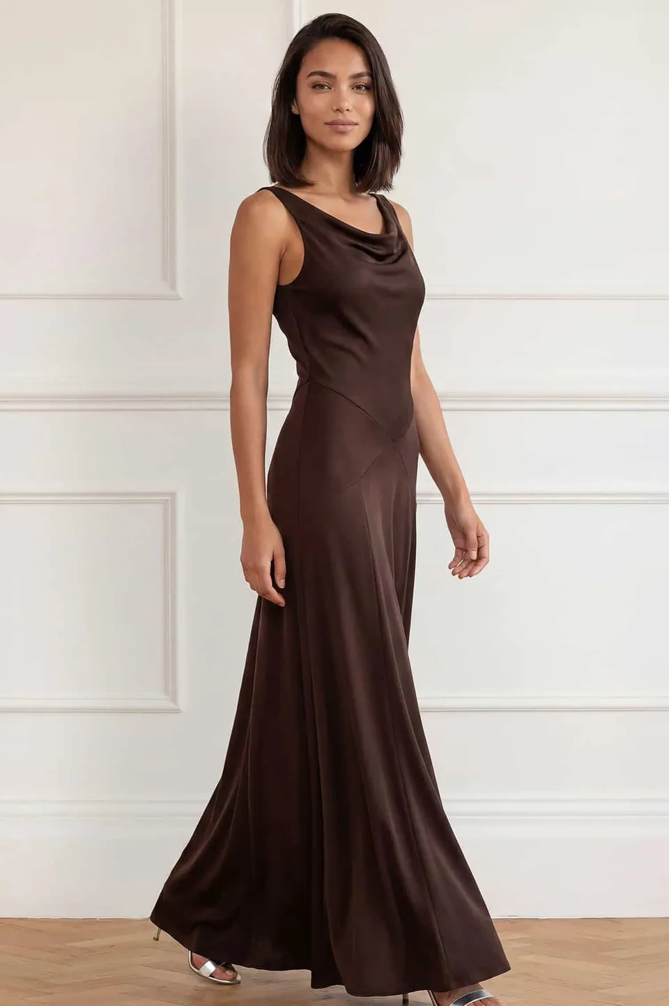 Needle & Thread Evangeline Satin sukienka maxi brown satynowa