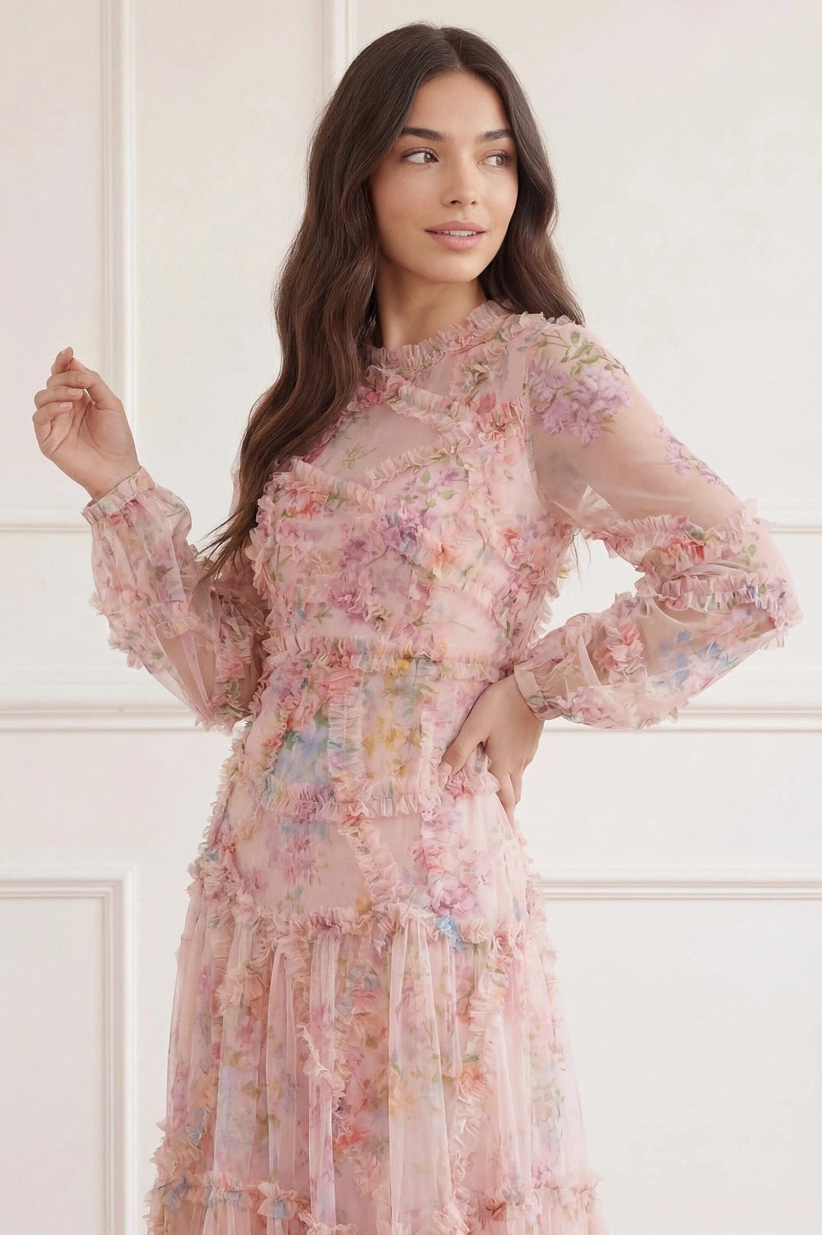 Needle & Thread Floral Diamond Ruffle Gown suknia kwiatowa