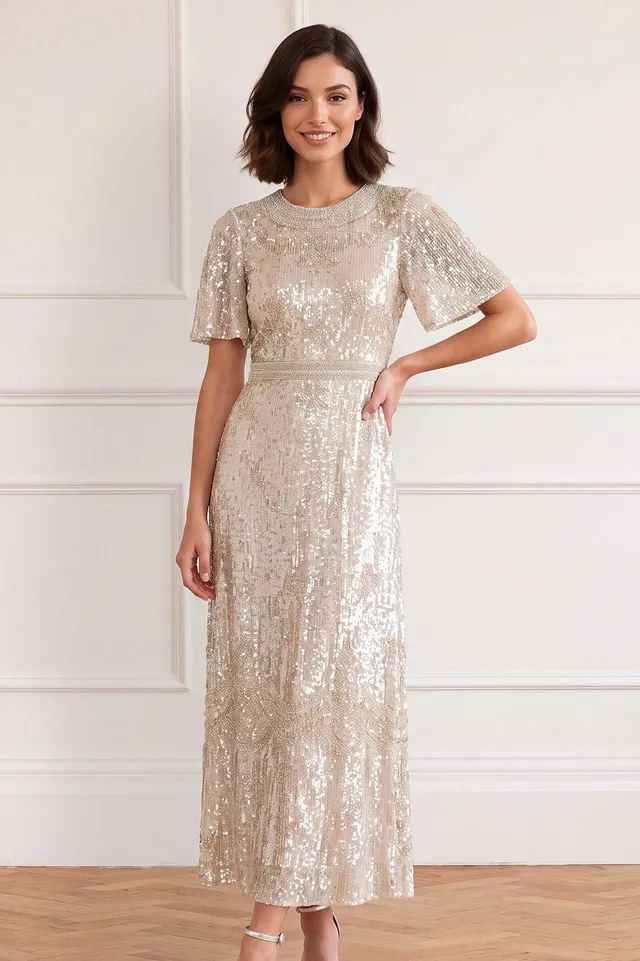 Needle & Thread Luminara Ankle Gown sukienka beżowa cekiny