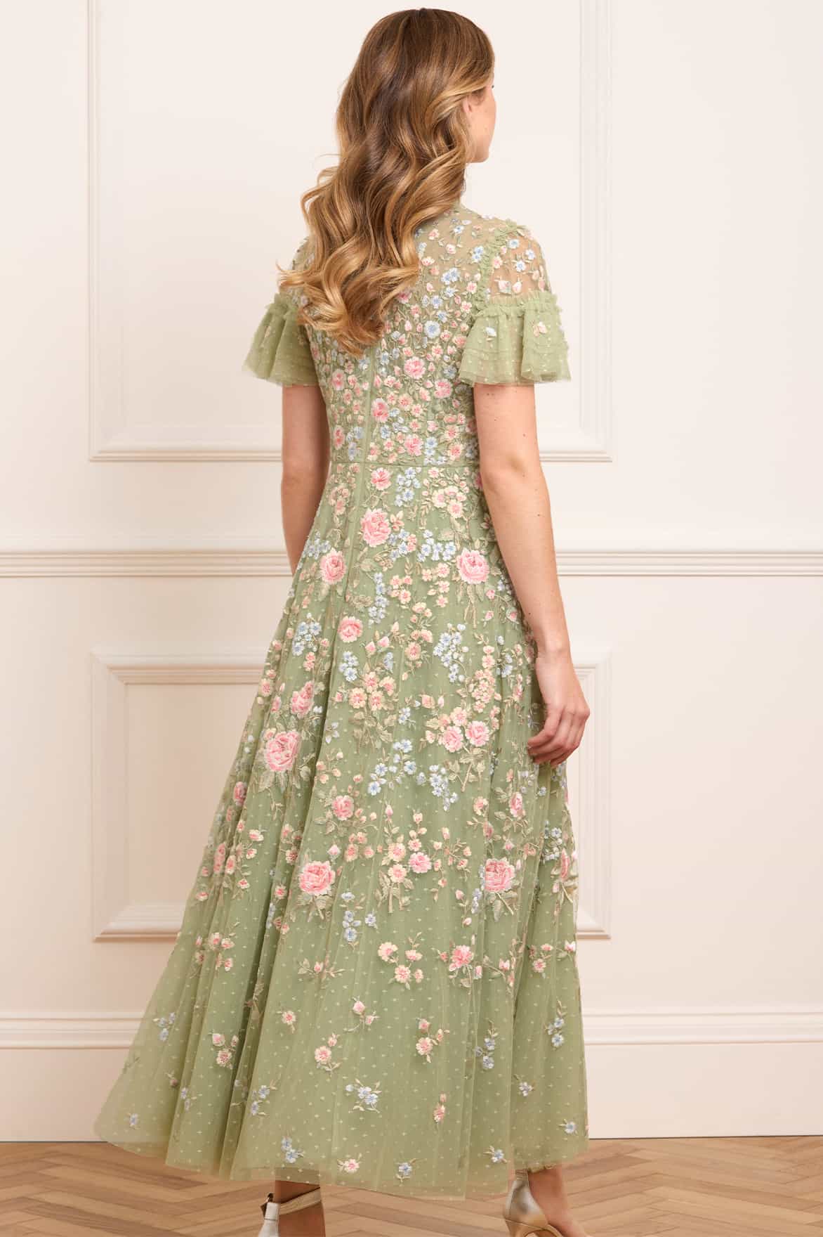 Needle & Thread Antoinettes Floral Round Neck Ankle Gown sukienka zielona haft