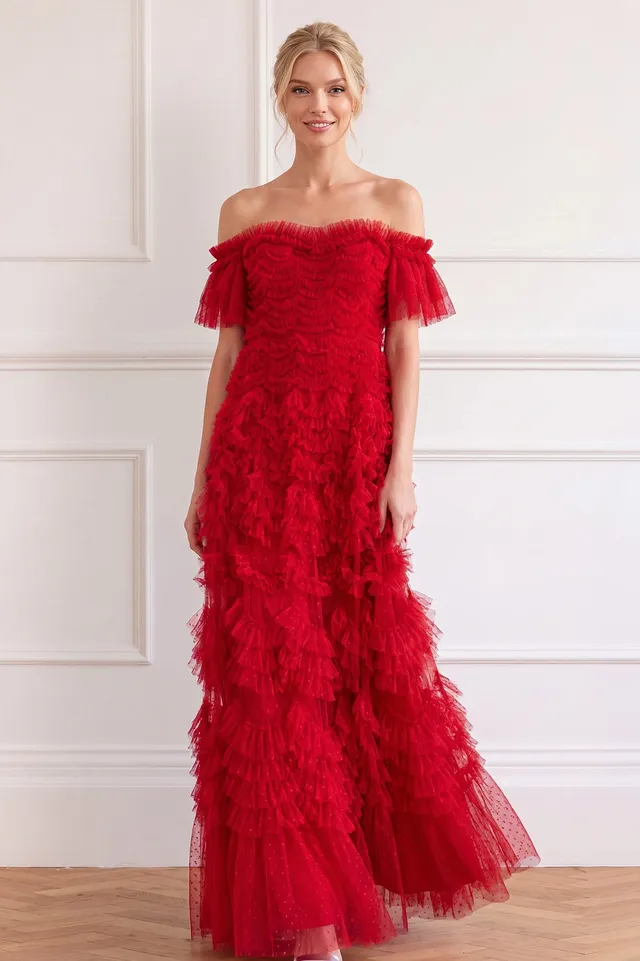 Needle & Thread Thalia Off-Shoulder Gown sukienka czerwona