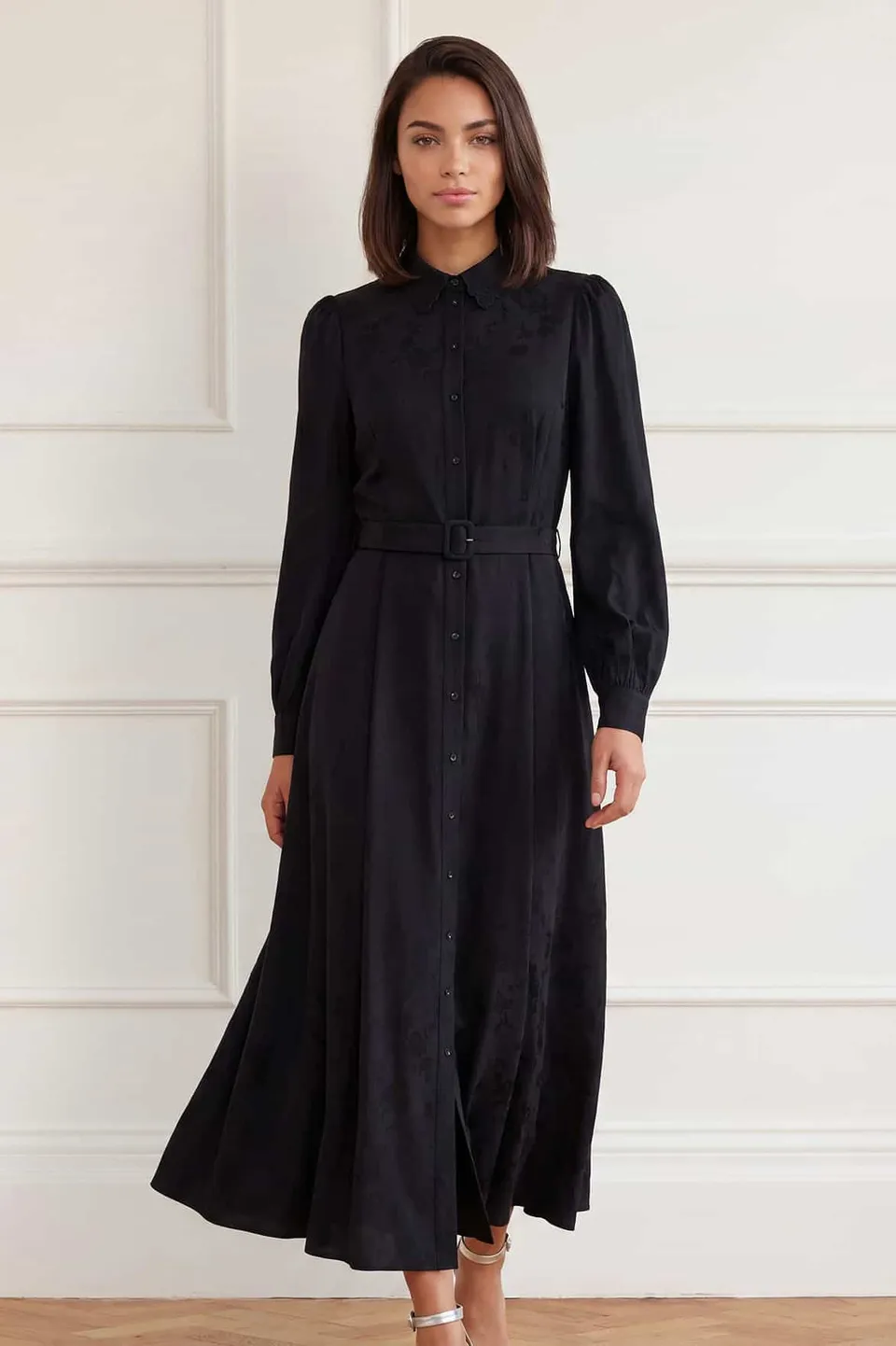 Needle & Thread Charlotte Jacquard Shirt Dress sukienka czarna za kostkę