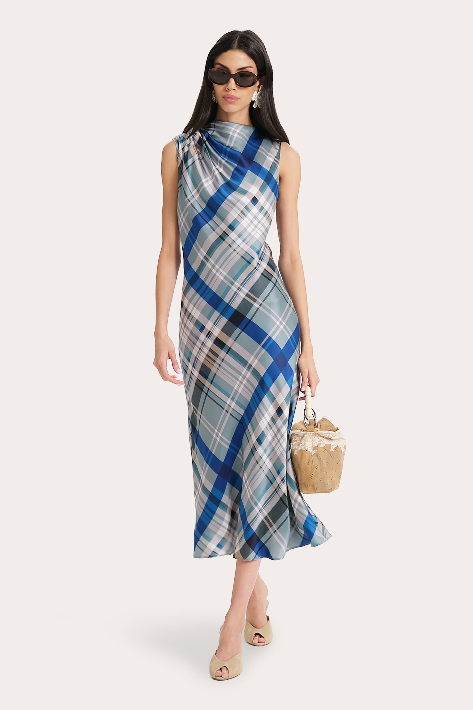 Elie Tahari Grace sukienka Blue Multi jedwabna midi