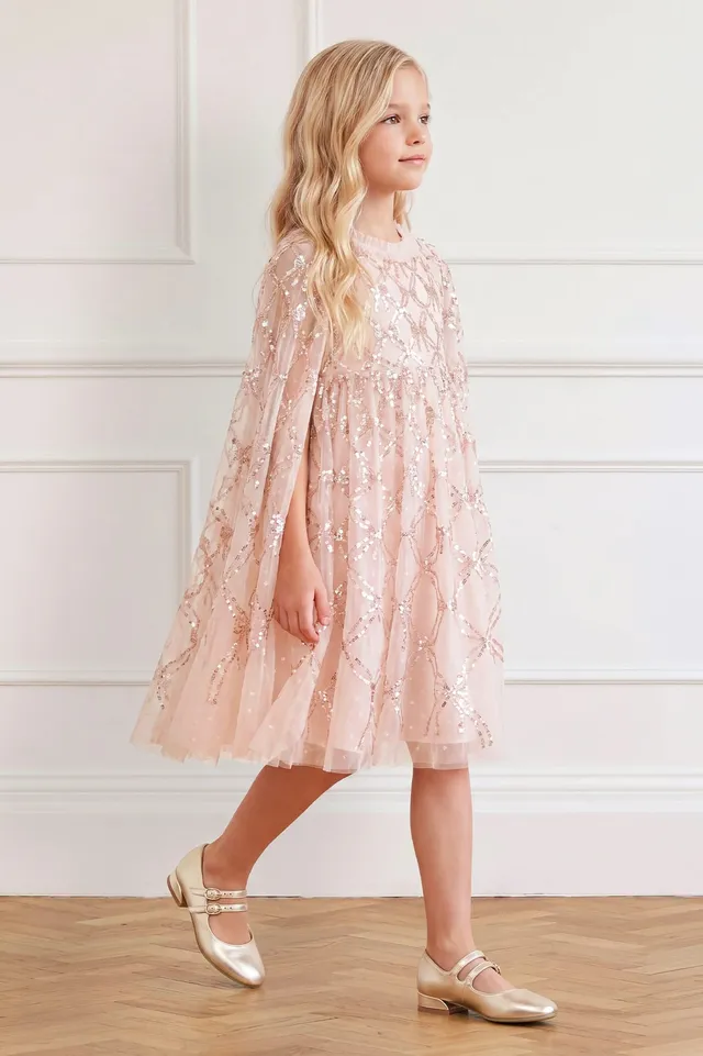 Needle & Thread Bow Lattice Cape Kids Dress sukienka Pink