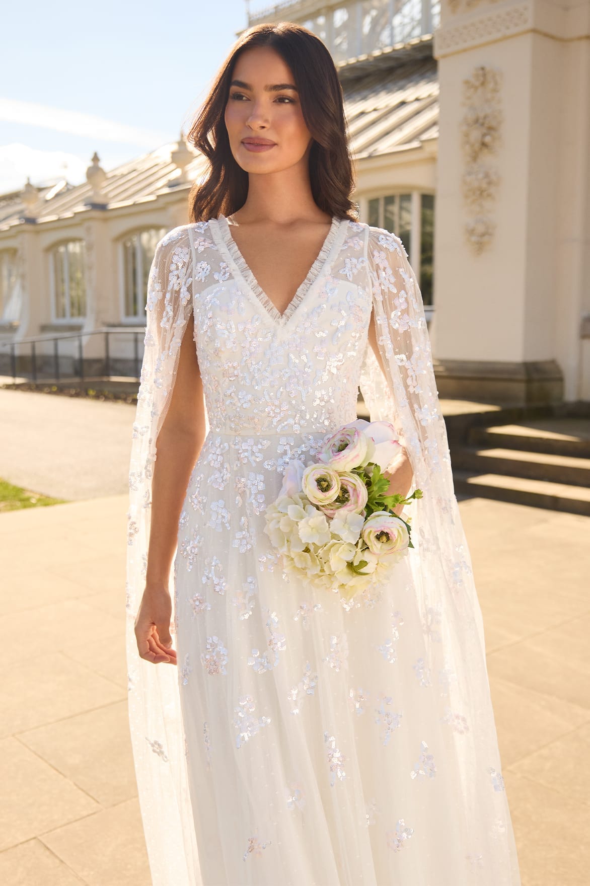 Needle & Thread Freesia Shimmer Cape Sleeve Ankle Gown suknia White