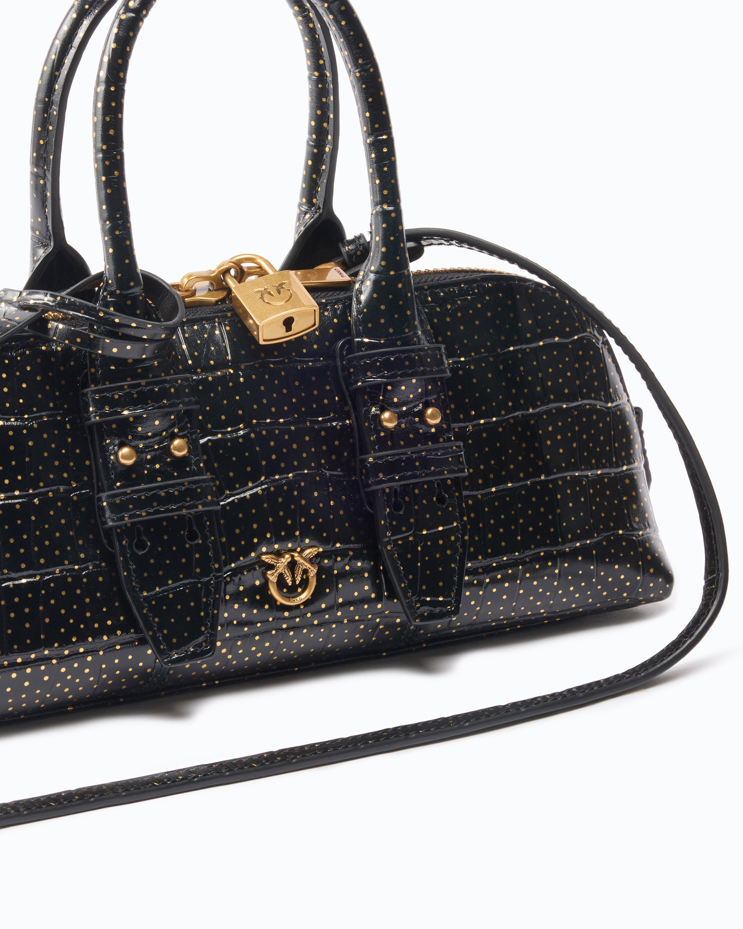 Pinko Bowling Bag torebka czarna skora krokodyl zloto
