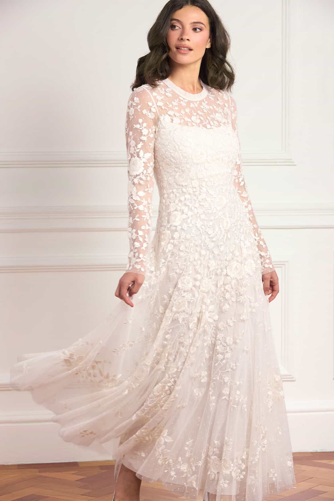 Needle & Thread Rosa Round Neck Ankle Gown sukienka biała haft