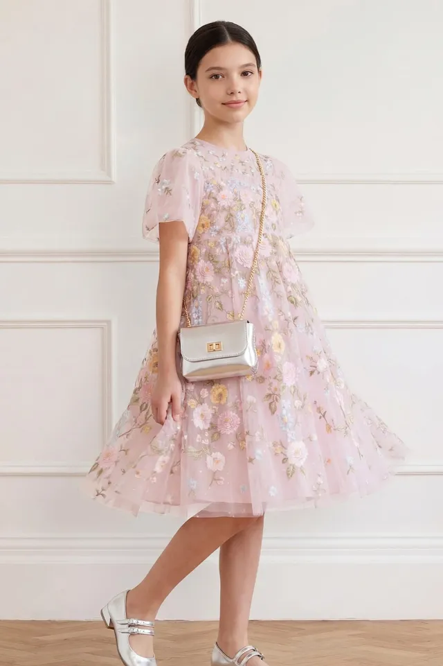 Needle & Thread Garden Rose Puff Sleeve Kids Dress sukienka różowa