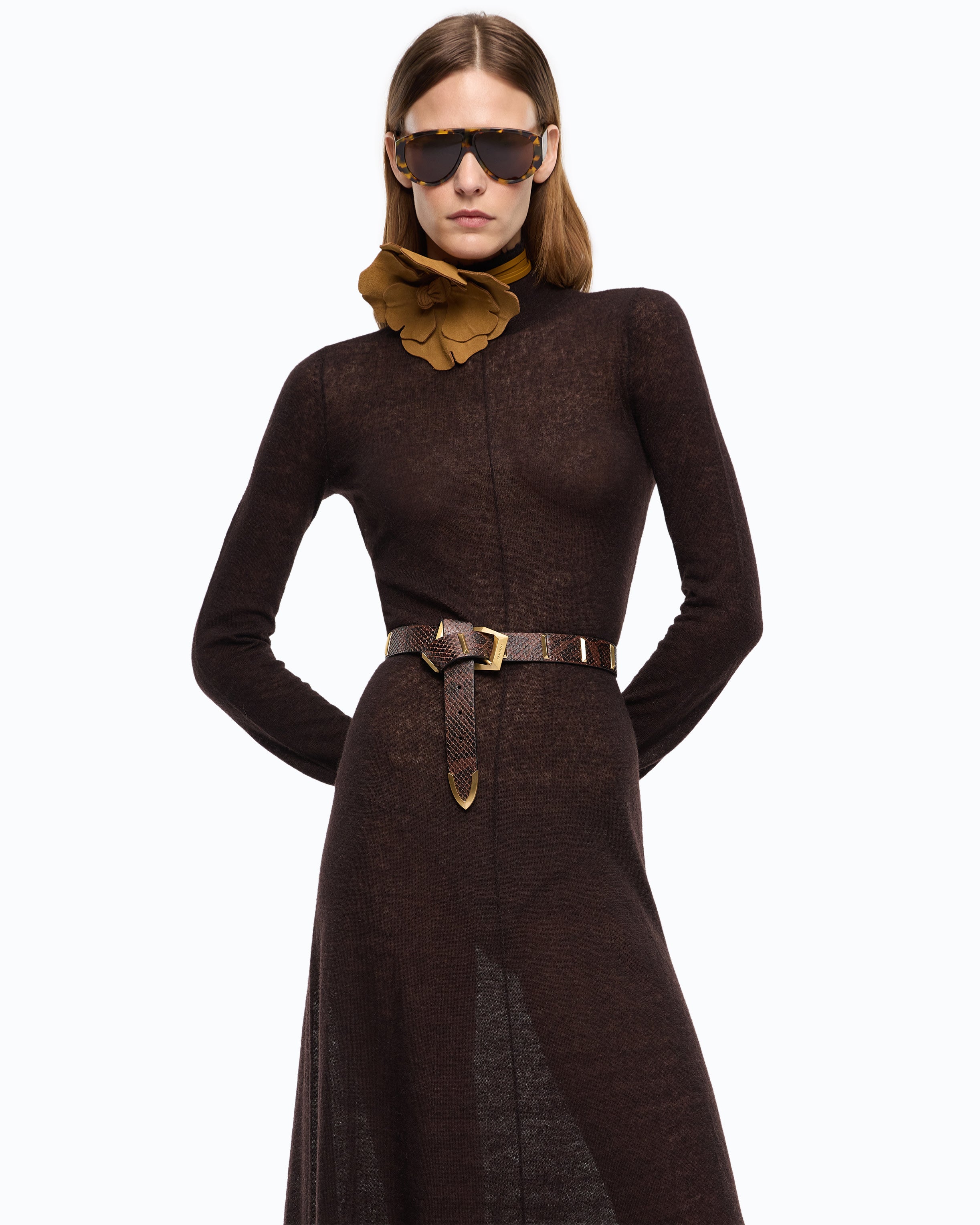 Pinko Leningrado Dress sukienka długa brązowa merynos