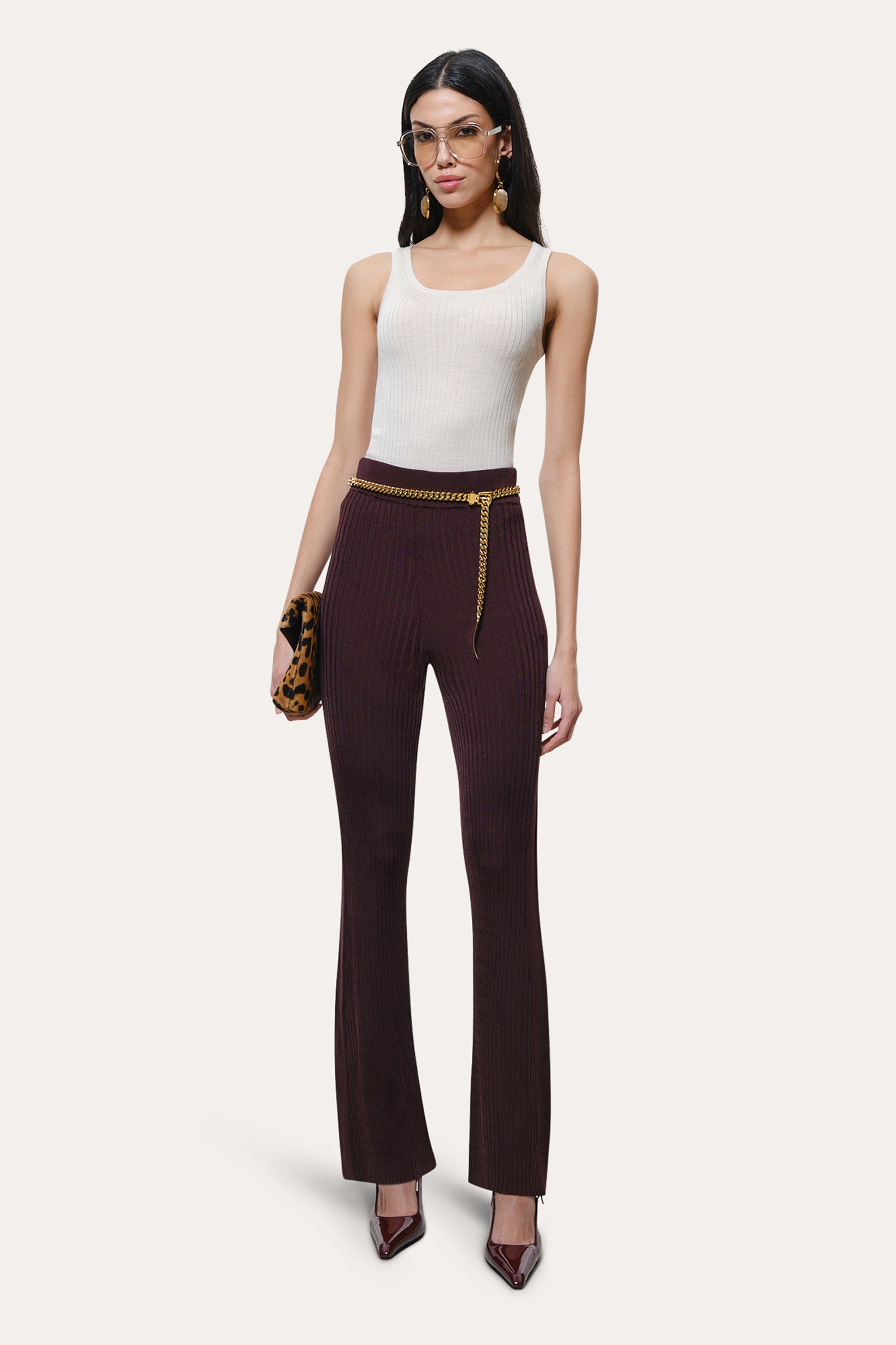Elie Tahari Roxanne Ribbed Flare Pant spodnie bordowe Port Wine
