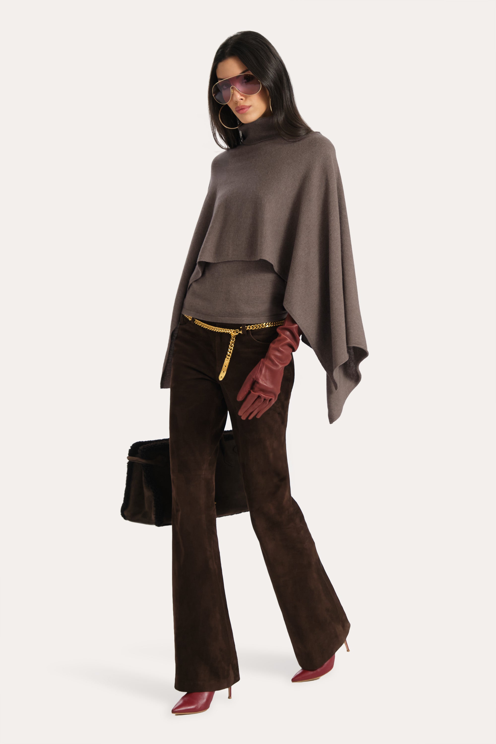 Elie Tahari Kennedy ponczo kaszmirowe golf tobacco