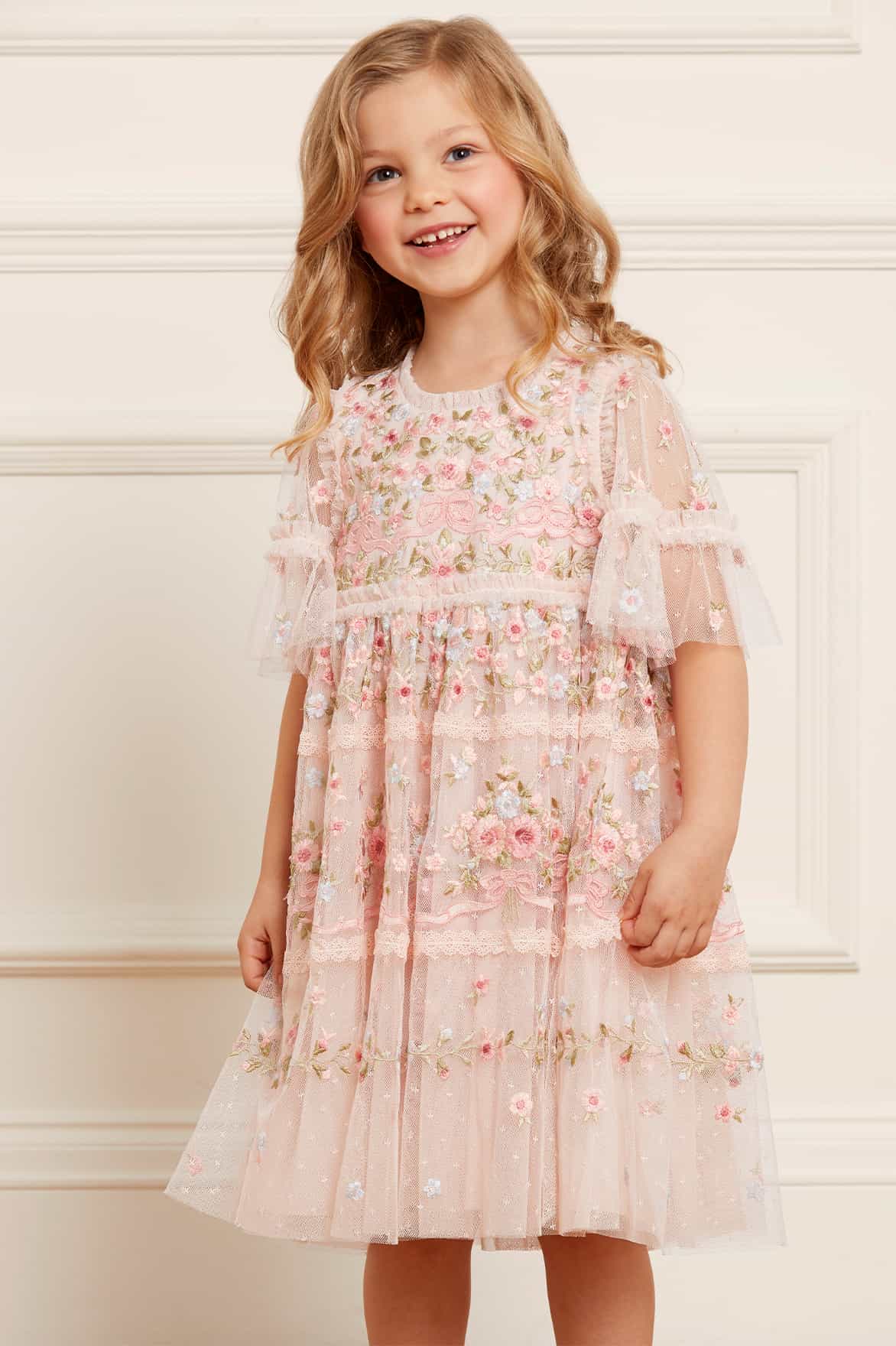 Needle & Thread Ribbon Bouquet Kids sukienka Pink haftowana