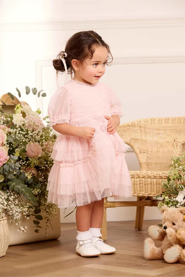 Needle & Thread Ruffle Frill Baby sukienka niemowlęca Pink z bloomersami