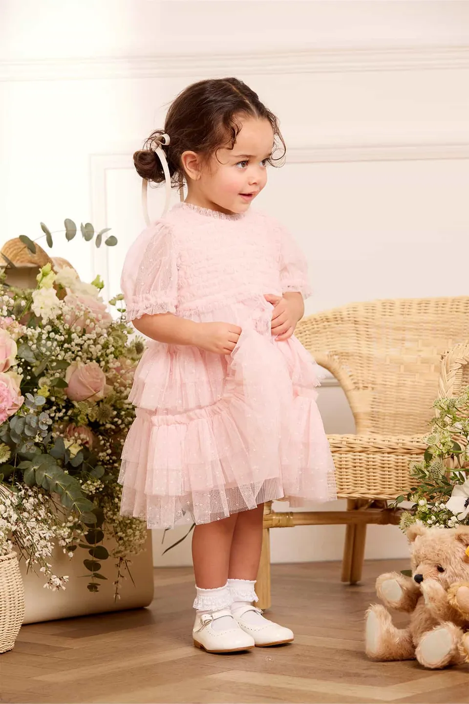 Needle & Thread Ruffle Frill Baby sukienka niemowlęca Pink z bloomersami
