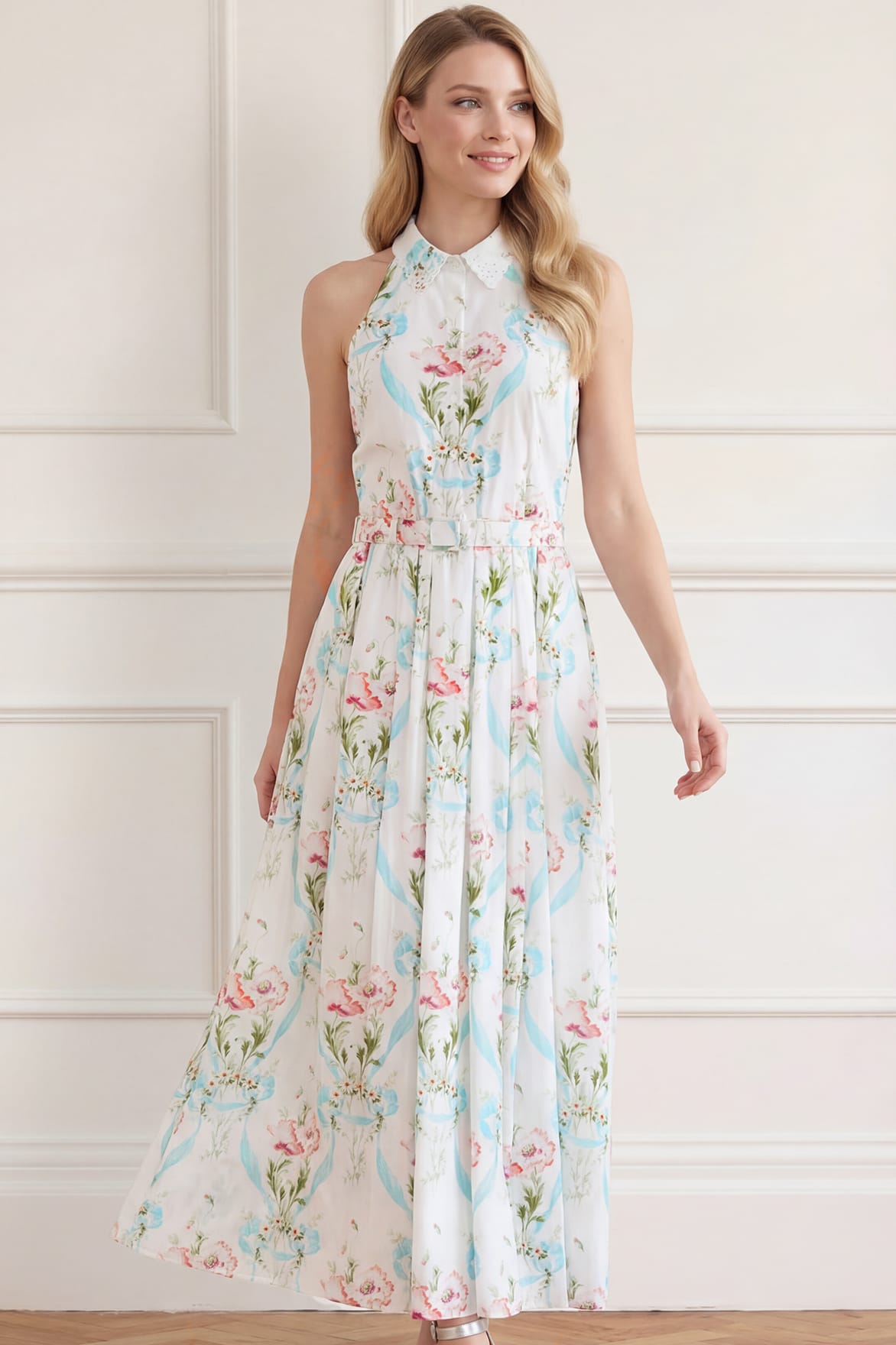 Needle & Thread Floral Ribbon Halter sukienka White bawełna