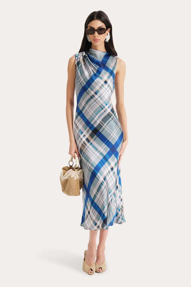 Elie Tahari Grace sukienka Blue Multi jedwabna midi