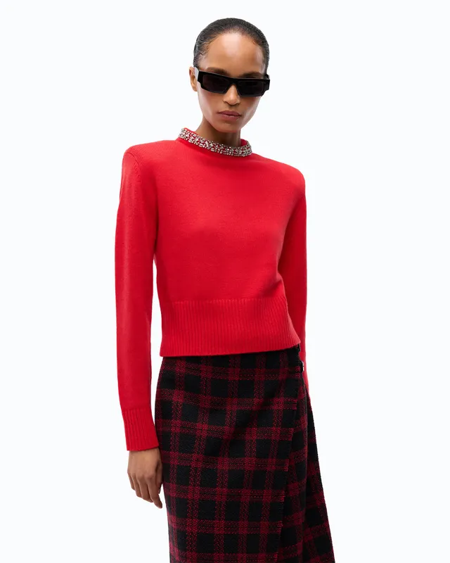 Pinko Berlino sweter wełniany z kryształowym kołnierzem