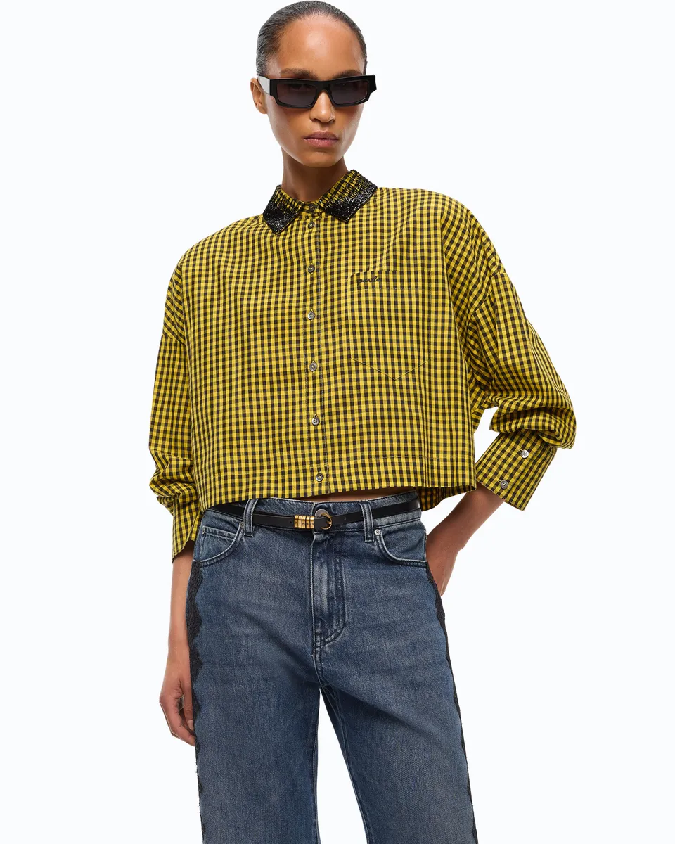 Pinko Carne koszula cropped czarna w kratkę