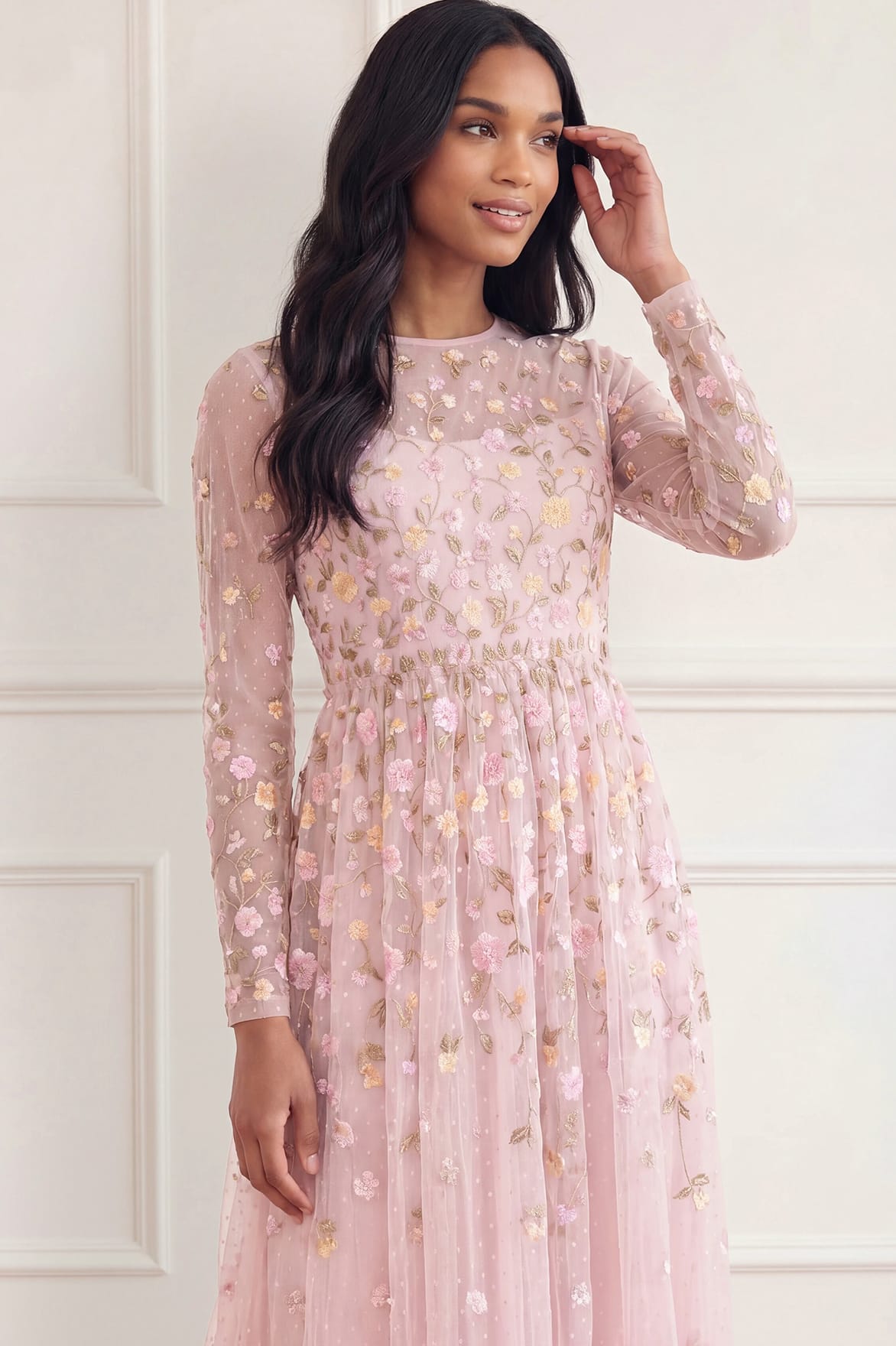 Needle & Thread Trailing Roses Long Sleeve Ankle Gown różowa