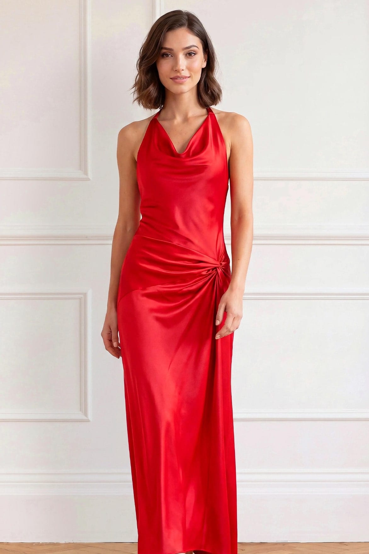 Needle & Thread Amelie Satin Cowl-Neck Gown sukienka czerwona satynowa