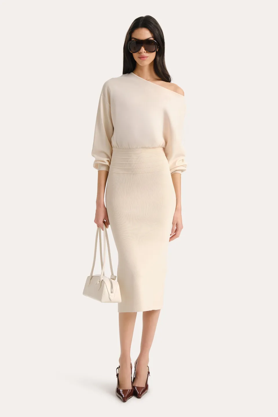 Elie Tahari Milano Yara sukienka midi Ivory dzianinowa