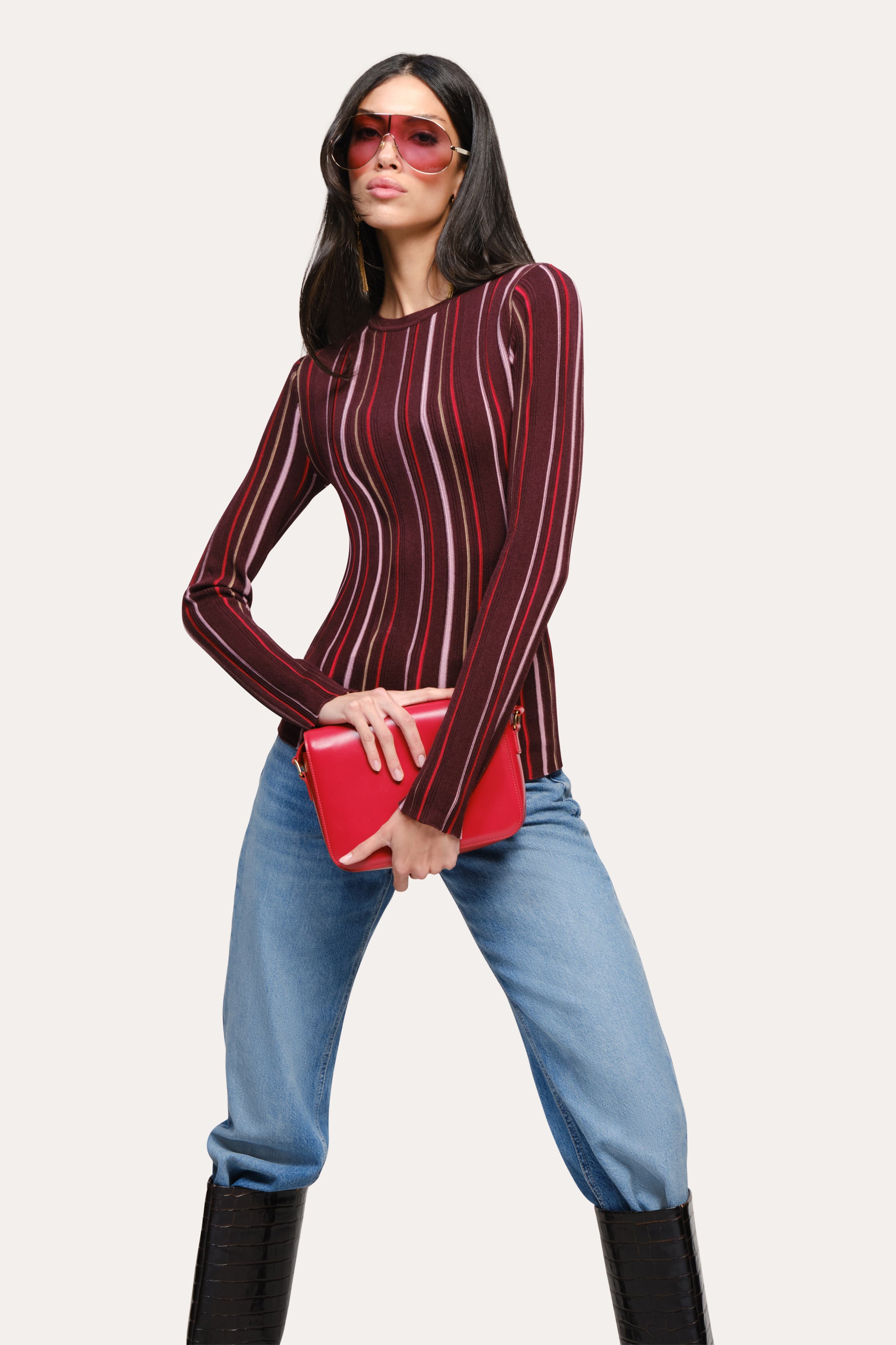Elie Tahari Lucia top wełniano-jedwabny Aubergine Stripe