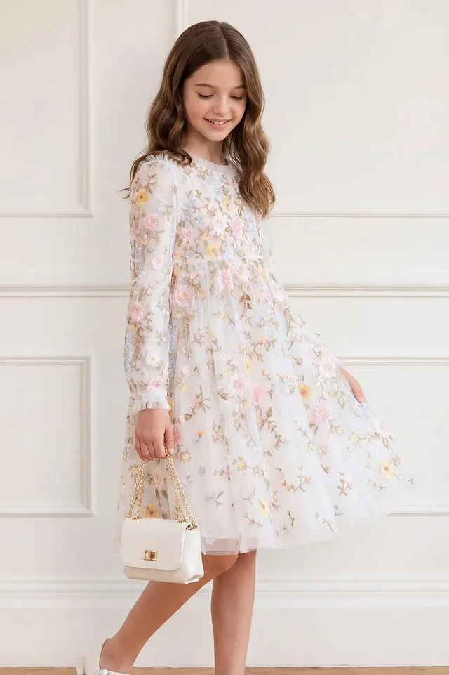 Needle & Thread Garden Rose Kids Dress sukienka bieli haftowana