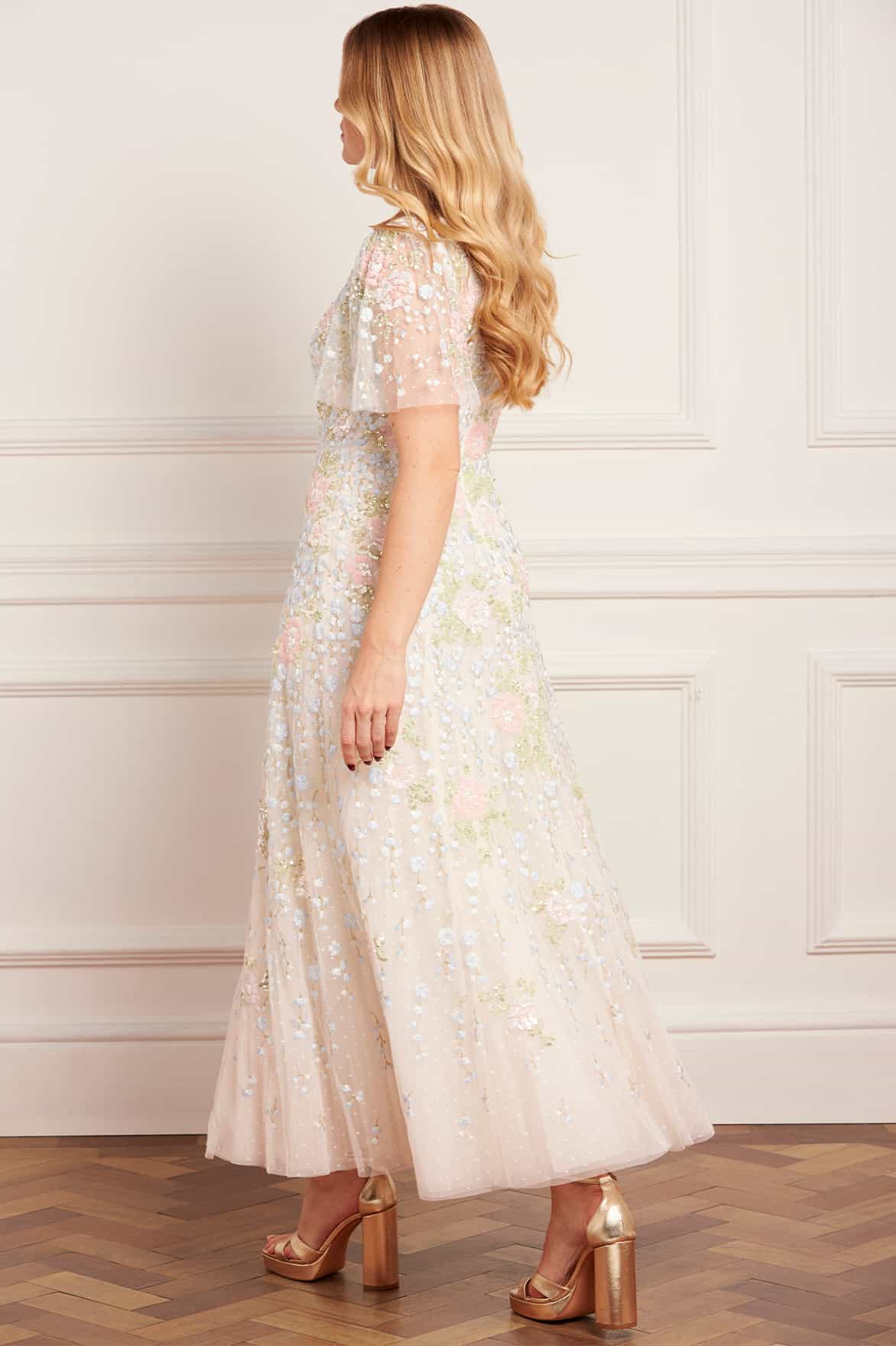 Needle & Thread Cressida Floral Ankle Gown sukienka kremowa tiulowa