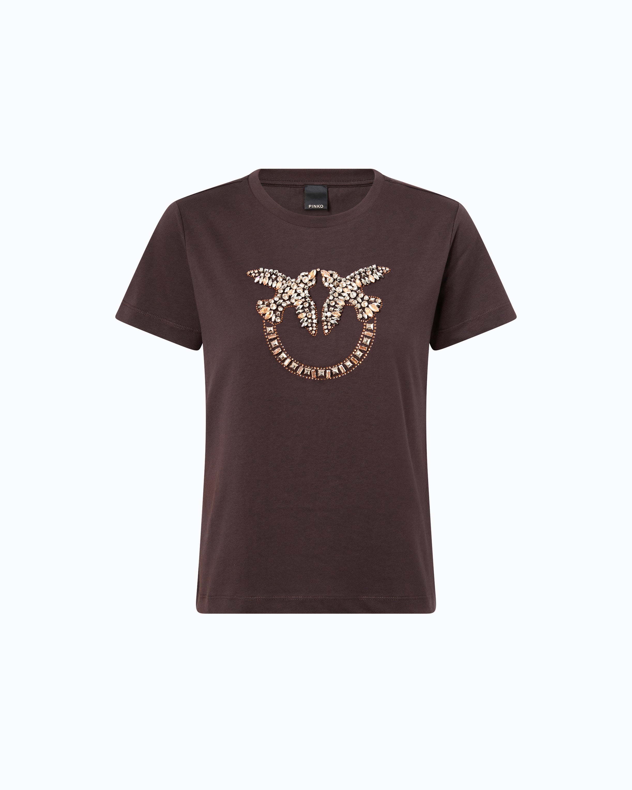 Pinko Love Birds t-shirt bawełniany brązowy kryształki