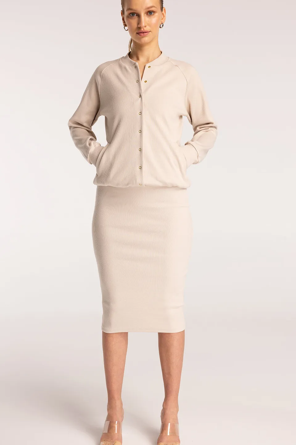 Nudyess Akaishi Long bomber Light Beige złote napy